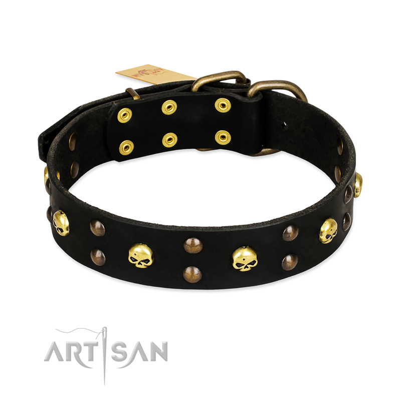 FDT Artisan 'Heavy Metal' Leather Rottweiler Collar with Skulls and Half-Balls 1 1/2 inch (40 mm)
