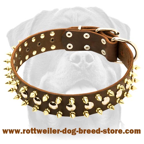Dog Collar Brown Studed 1.5" wide 19"-24" neck Genuine Leather Rottweiler 