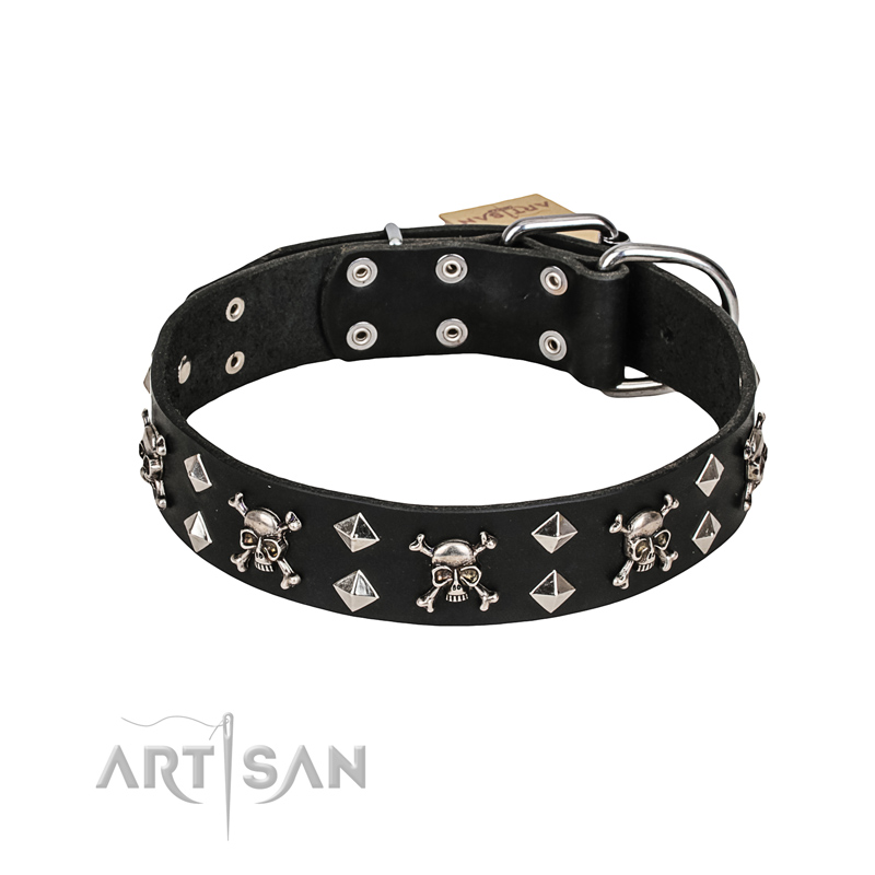 FDT Artisan 'Rock 'n' Roll Style' Fancy Leather Rottweiler Collar with Skulls, Bones and Studs 1 1/2 inch (40 mm) wide
