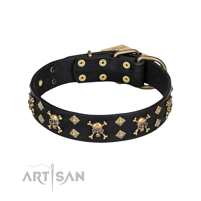 'Jolly Rojer' FDT Artisan Rottweiler Leather Dog Collar with Pirate Skulls and Studs - 1 1/2 inch (40 mm) wide
