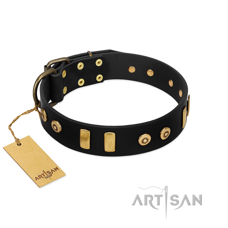 "Rare Dog" FDT Artisan Black Leather Rottweiler Collar with Old Bronze-like Dotted Studs and Tiles - Click Image to Close