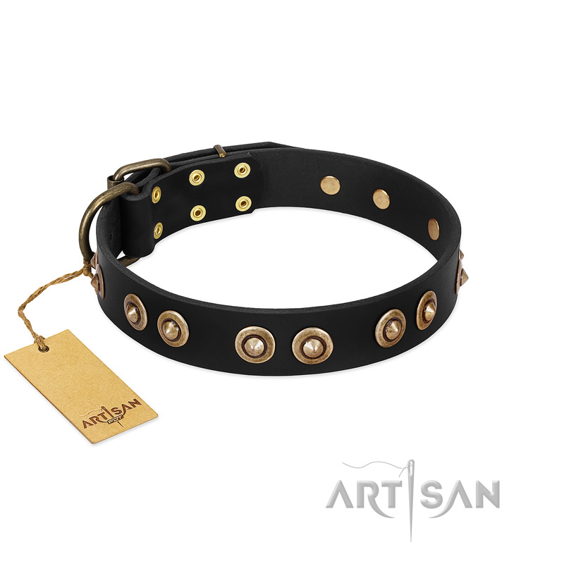 "Golden Artifact" FDT Artisan Black Leather Rottweiler Collar with Old-bronze Covered Medallions