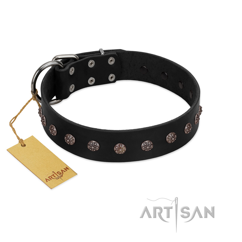 "Flower Rhapsody" FDT Artisan Premium Quaulity Black Leather Rottweiler Collar