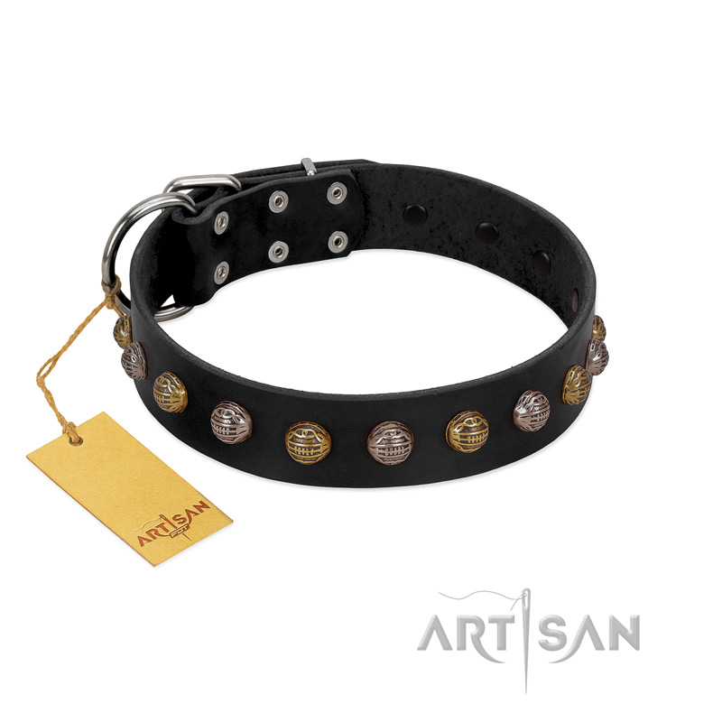 "Inky Prettification" FDT Artisan Black Leather Rottweiler Collar with One Row of Studs