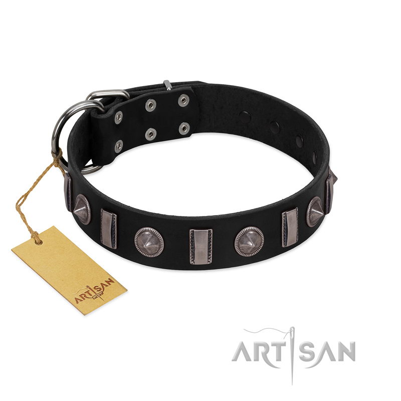 "Silver Spikes" Exclusive FDT Artisan Black Leather Rottweiler Collar - Click Image to Close