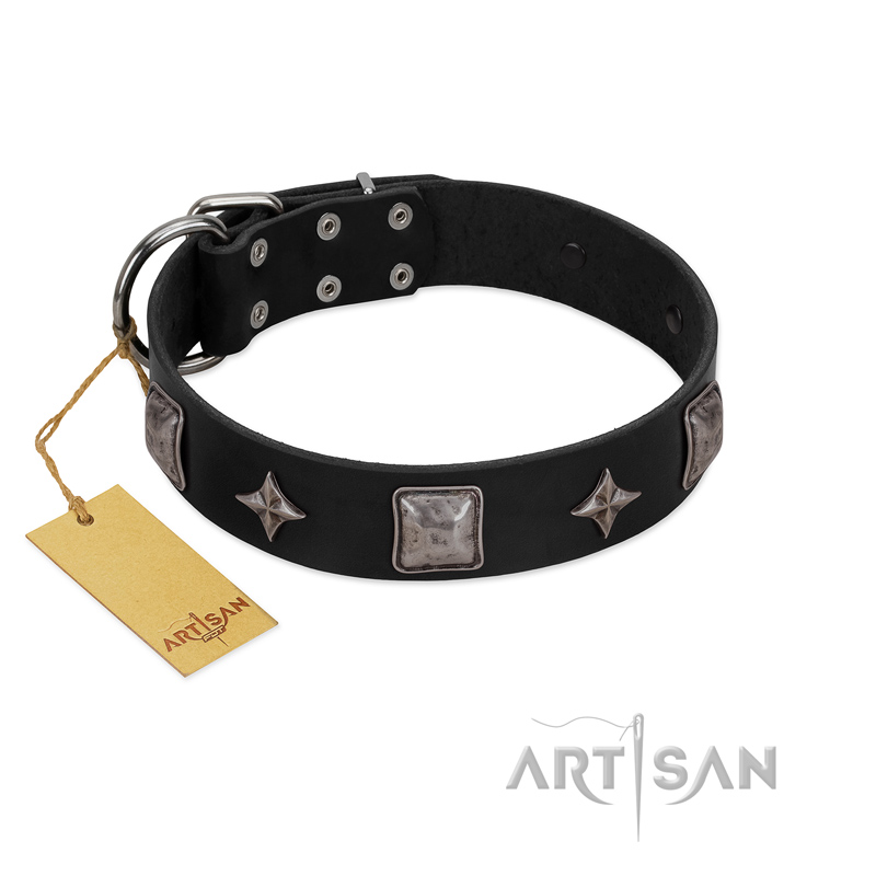 "Black Cavalier" Handmade FDT Artisan Black Leather Rottweiler Collar with Silver-Like Stars and Large Plates