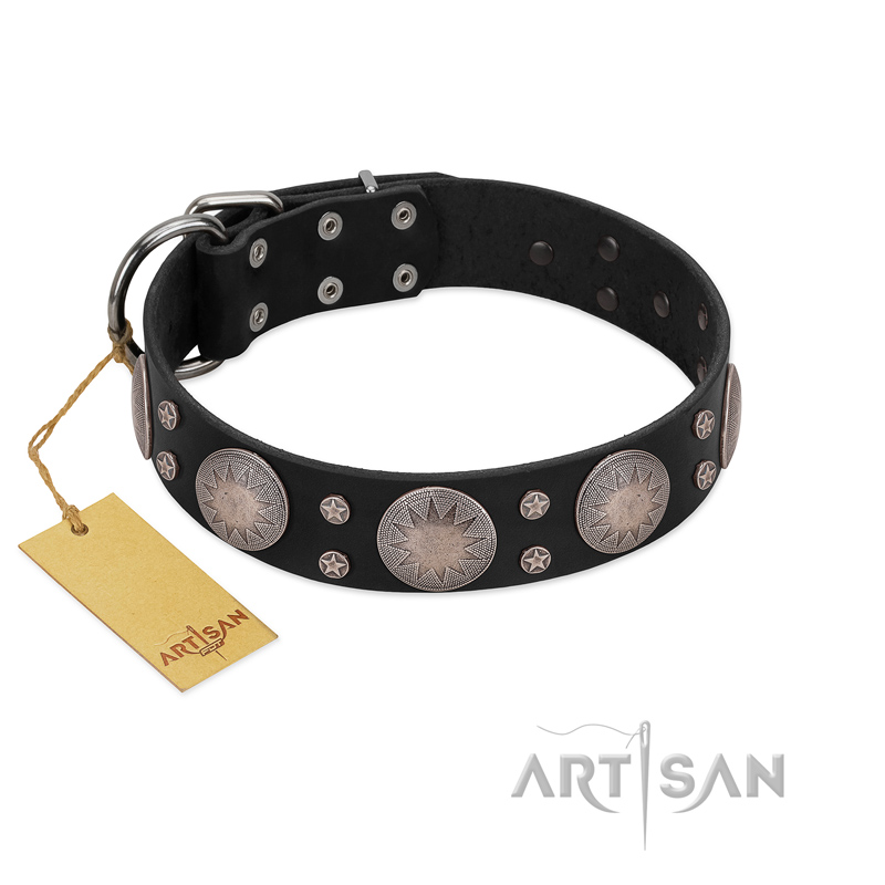 "Starry Sky" Trendy FDT Artisan Black Leather Rottweiler Collar with Large Brooches