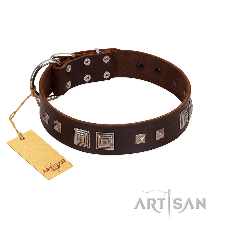 "Object of Virtu" FDT Artisan Brown Leather Rottweiler Collar with Old Silver-like Square Studs and Pyramids