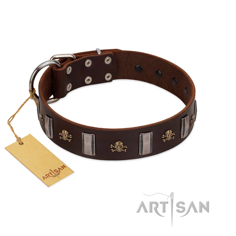 "War Chief" FDT Artisan Genuine Brown Leather Rottweiler Collar with Skulls and Plates