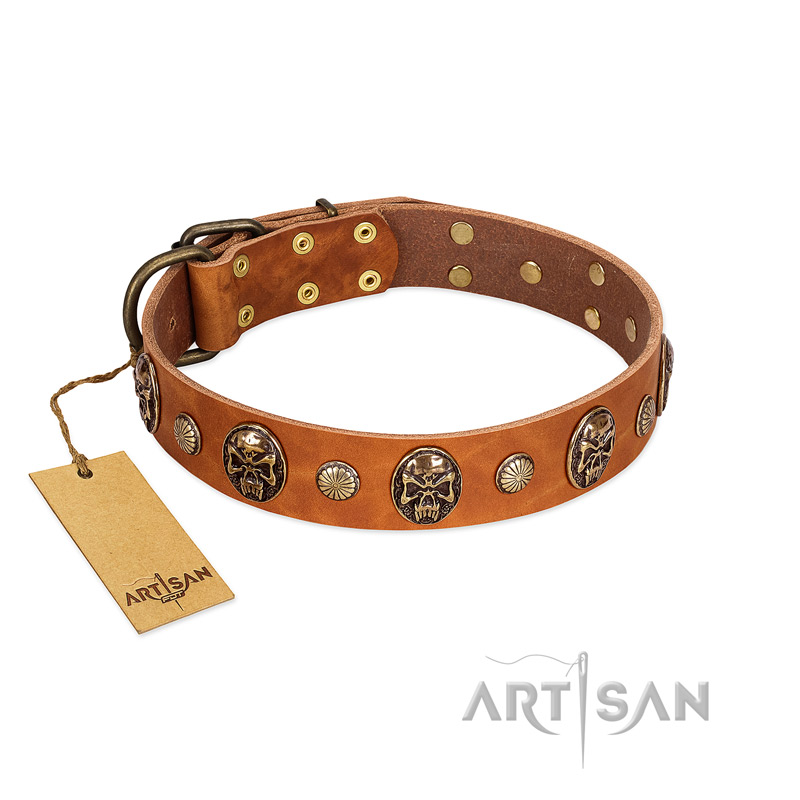 "Call of Feat" FDT Artisan Tan Leather Rottweiler Collar with Old Bronze-like Studs and Oval Brooches