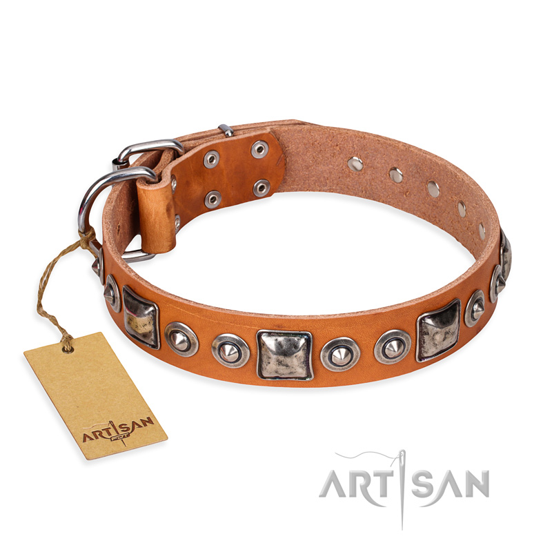 "Era of Future" FDT Artisan Handcrafted Tan Leather Rottweiler Collar with Decorations