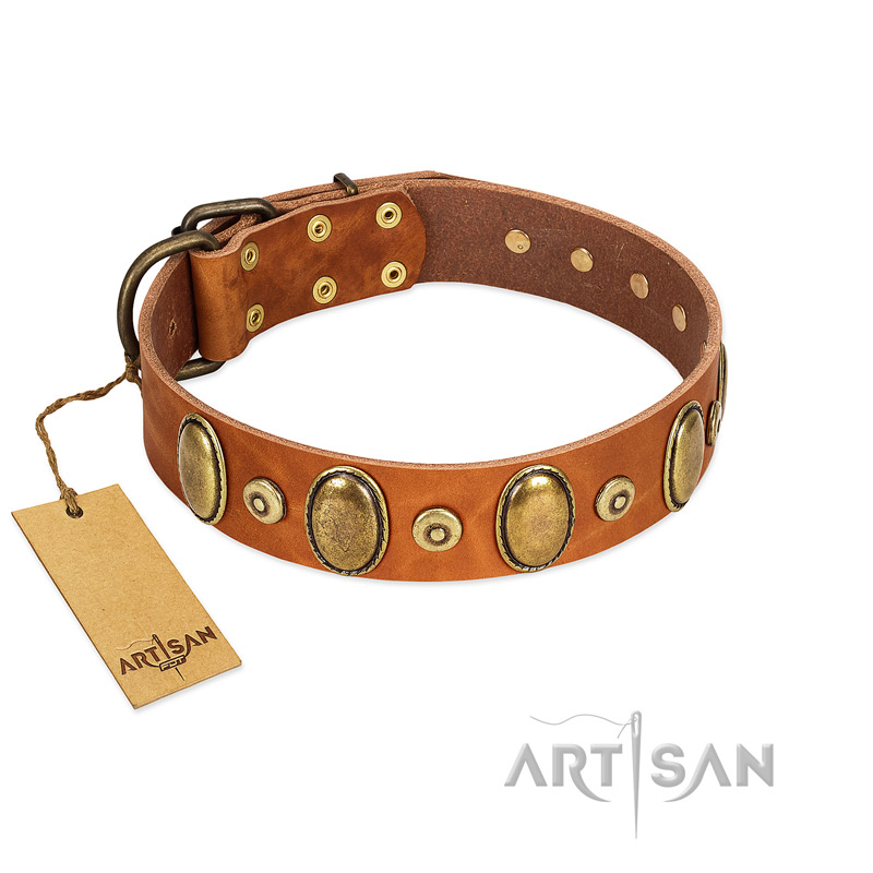 "Crystal Sand" FDT Artisan Tan Leather Rottweiler Collar with Vintage Looking Oval and Round Studs