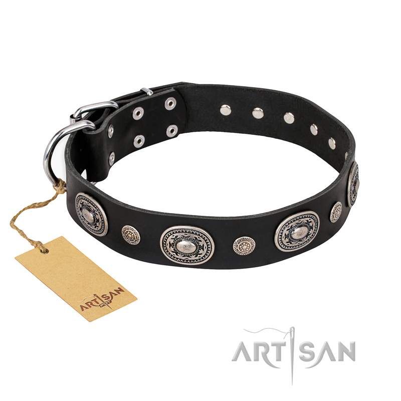 "Black Tie" FDT Artisan Leather Rottweiler Collar with Old Silver-like Decorations