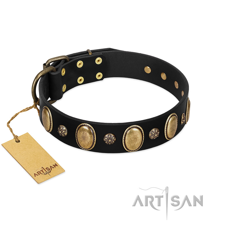 "Gilded Stones" FDT Artisan Black Leather Rottweiler Collar with Old Bronze-like Ovals and Studs - 1 1/2 inch (40 mm) wide - Click Image to Close