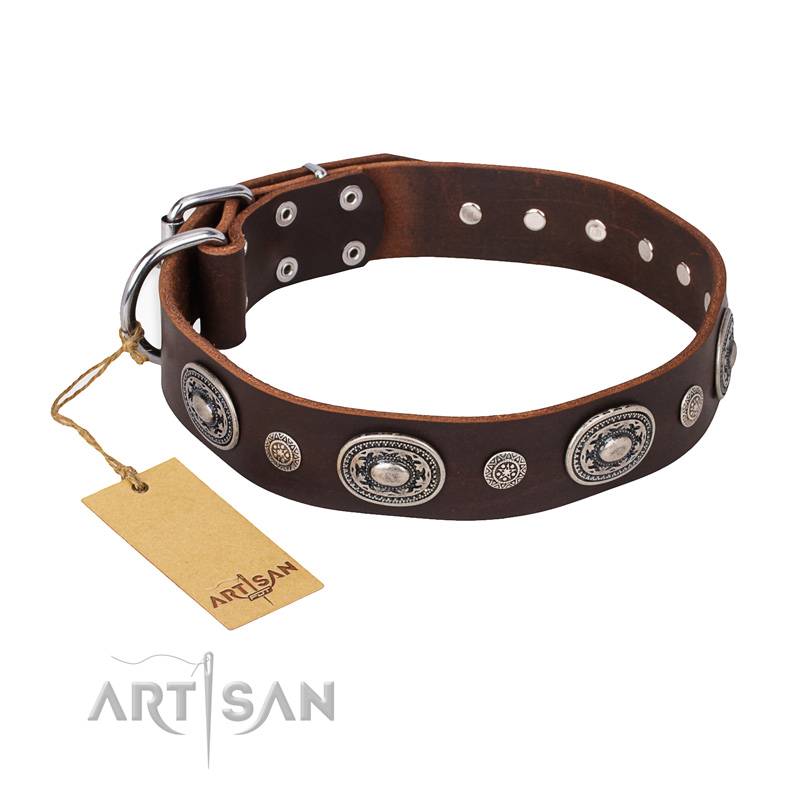 "Extra Pizzazz" FDT Artisan Adorned Brown Leather Rottweiler Collar