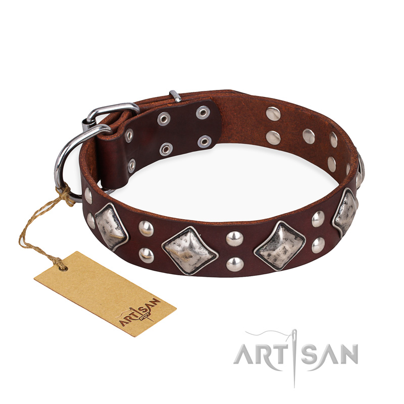 "King of Grace" FDT Artisan Stylish Leather Rottweiler Collar with Old Silver-Like Plated Decorations