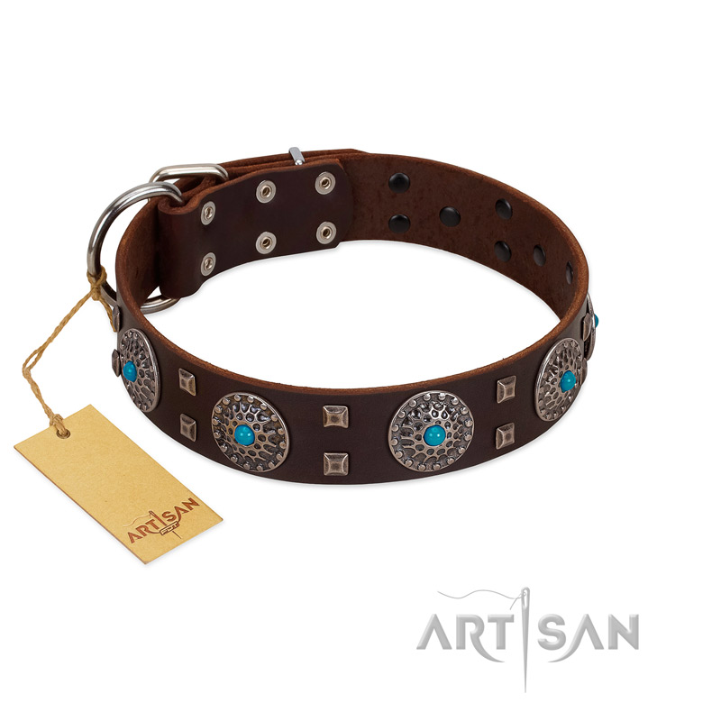 "Hypnotic Stones" FDT Artisan Brown Leather Rottweiler Collar with Chrome Plated Brooches and Square Studs