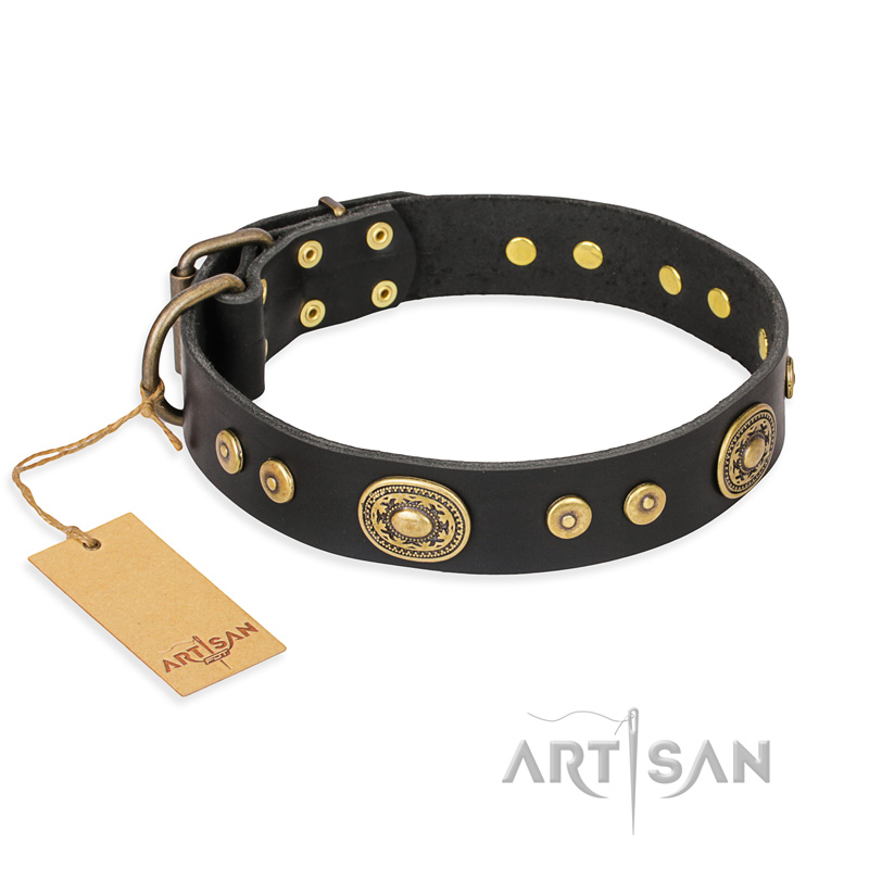 "Golden Radiance" FDT Artisan Black Leather Rottweiler Collar with Old Bronze Look Ovals and Circles
