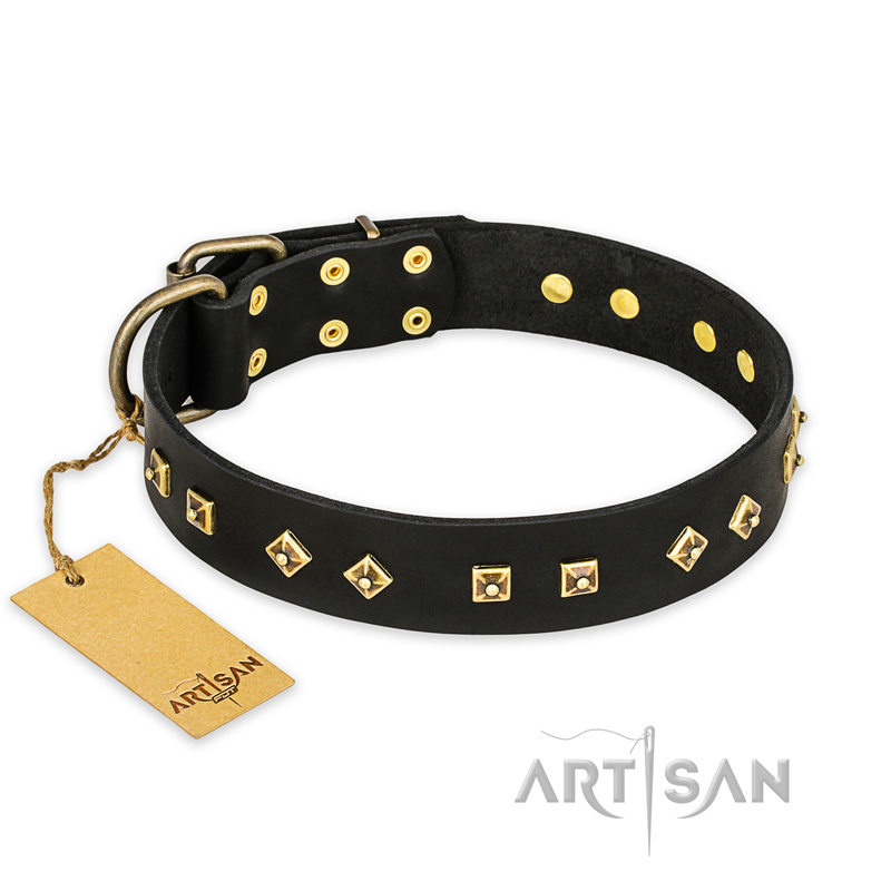 "Rhomb Style" FDT Artisan Decorated Leather Rottweiler Collar with Old Bronze-Plated Studs 1 1/2 inch (40 mm) Wide