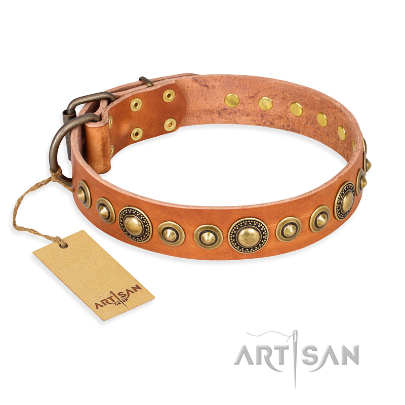 "Feast of Luxury" FDT Artisan Tan Leather Rottweiler Collar with Old Bronze Look Circles