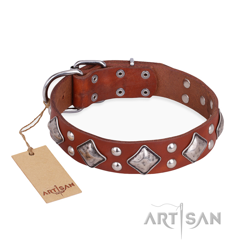 "Magic Squares" FDT Artisan Tan Leather Rottweiler Collar with Silver-like Decor
