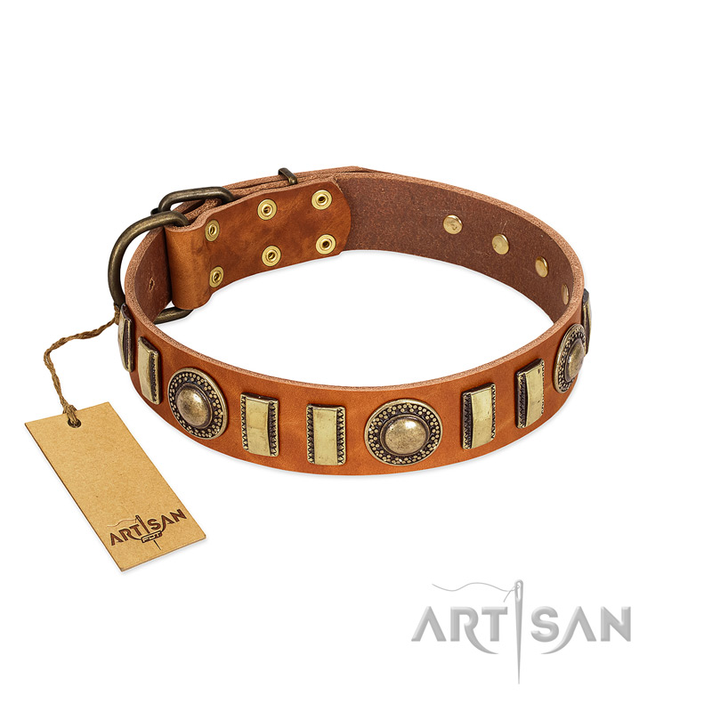 "Happy Hound" FDT Artisan Tan Leather Rottweiler Collar with Elegant Decorations