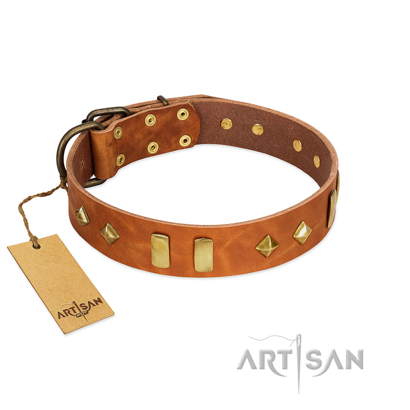 "Woofy Dawn" FDT Artisan Tan Leather Rottweiler Collar with Plates and Rhombs