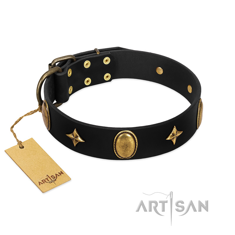 "Star Powder" FDT Artisan Black Leather Rottweiler Collar with Ovals and Stars - 1 1/2 inch Wide