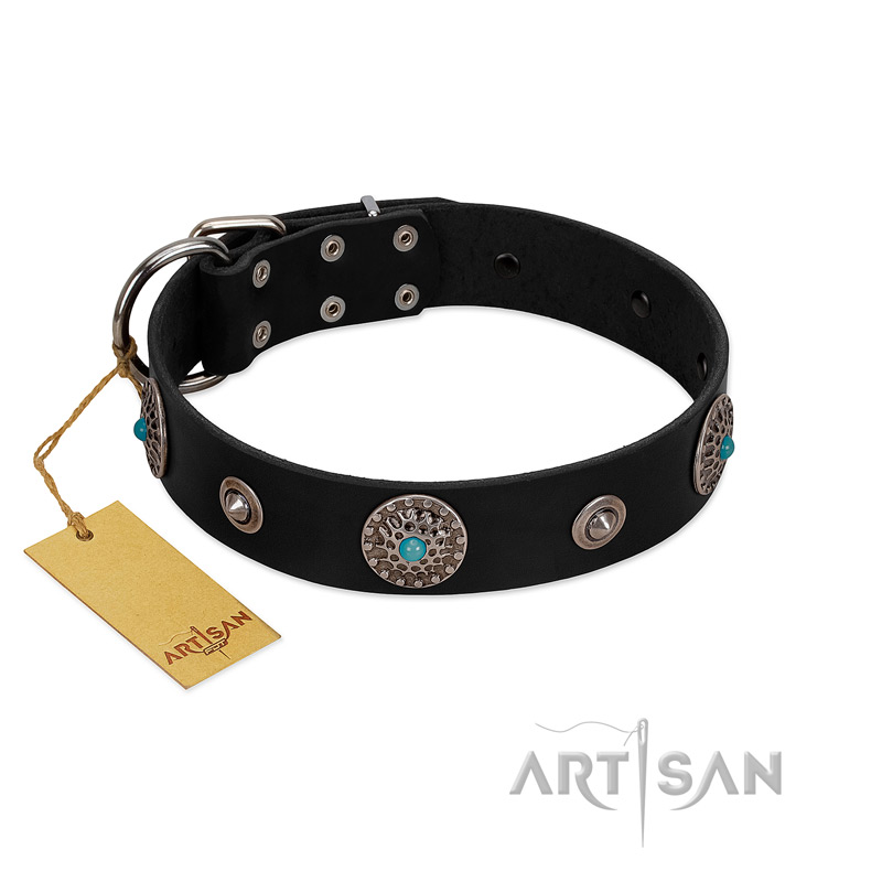 "Blue Gems" FDT Artisan Black Leather Rottweiler Collar with Chrome Plated Studs and Conchos