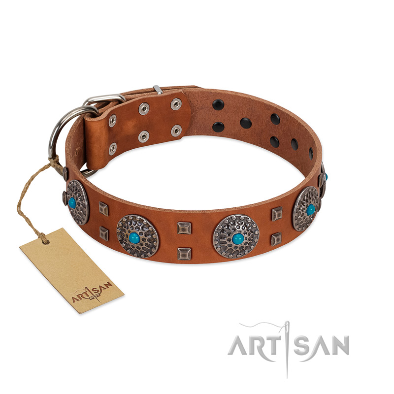 "Blue Sands" FDT Artisan Tan Leather Rottweiler Collar with Silver-like Studs and Round Conchos with Stones