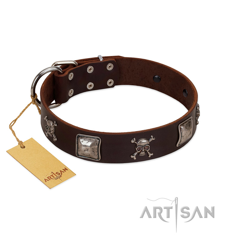 "Nut-Brown Finery" Embellished FDT Artisan Brown Leather Rottweiler Collar with Chrome Plated Crossbones and Plates