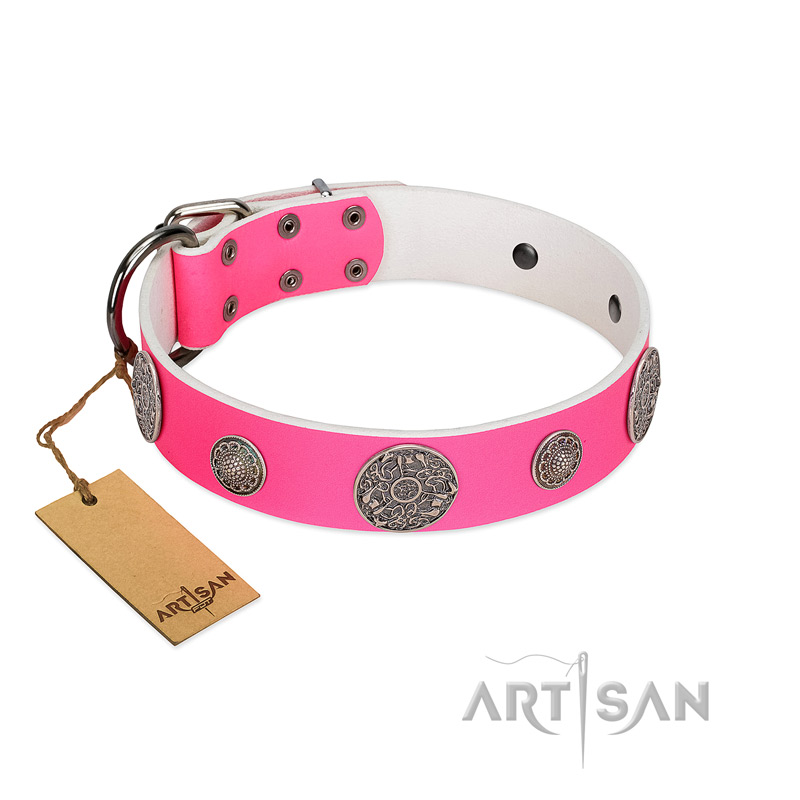 "Pink Elegance" Designer Handmade FDT Artisan Pink Leather Rottweiler Collar