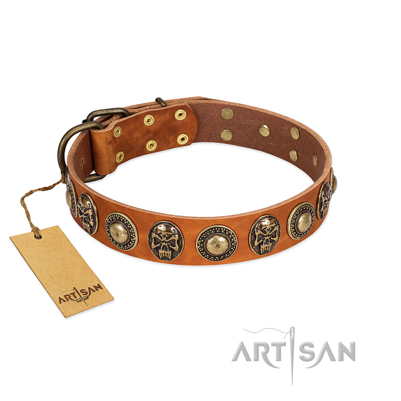 "Golden Epoch" FDT Artisan Tan Leather Rottweiler Collar with Old Bronze-plated Medallions and Conchos