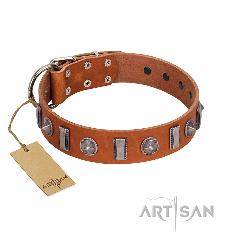 "Luxurious Necklace" FDT Artisan Tan Leather Rottweiler Collar with Silver-Like Adornments