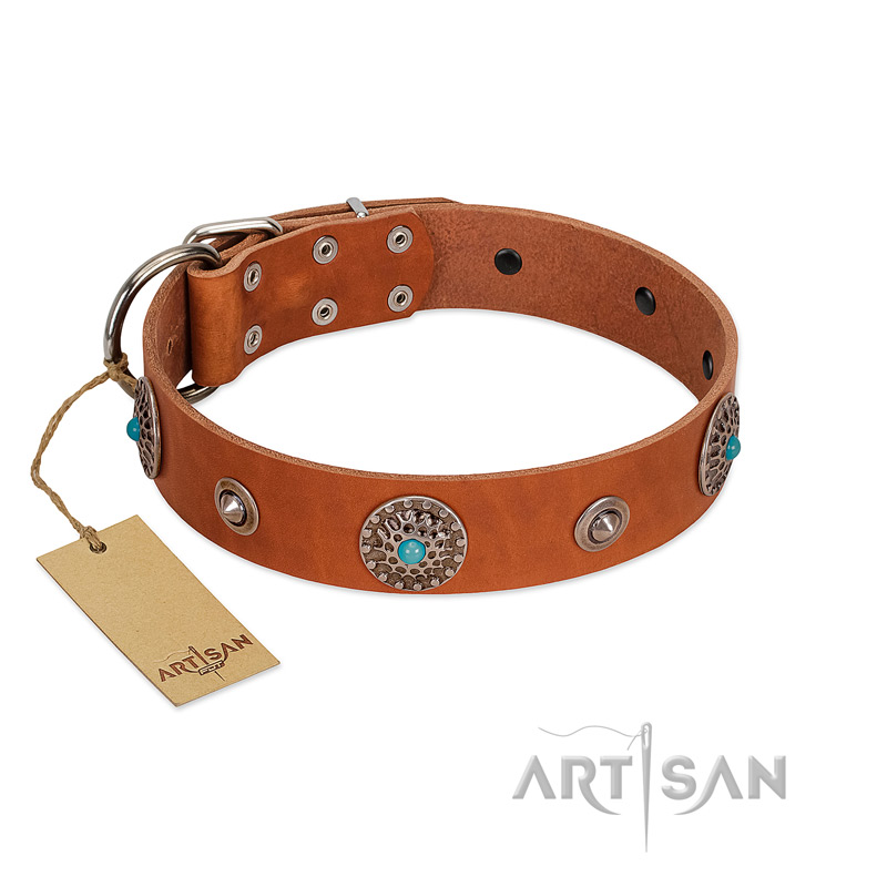 "Marine Antiques" Handmade FDT Artisan Tan Leather Rottweiler Collar with Blue Stones