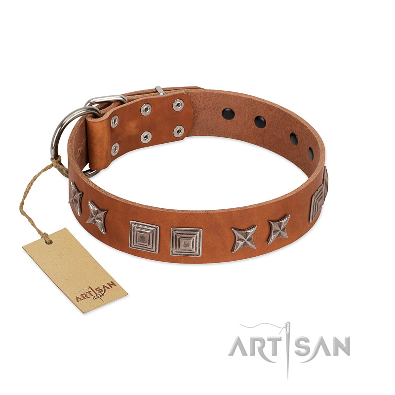 "Antique Figures" FDT Artisan Tan Leather Rottweiler Collar with Silver-like Engraved Plates