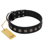 "Silent Star" Handmade FDT Artisan Designer Black Leather Rottweiler Collar with Engraved Plates