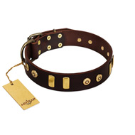 "Lord of Dogs" FDT Artisan Brown Leather Rottweiler Collar with Old Bronze-like Dotted Studs and Tiles
