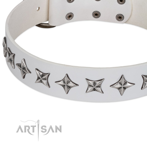 Comfortable wearing adorned dog collar of strong natural leather