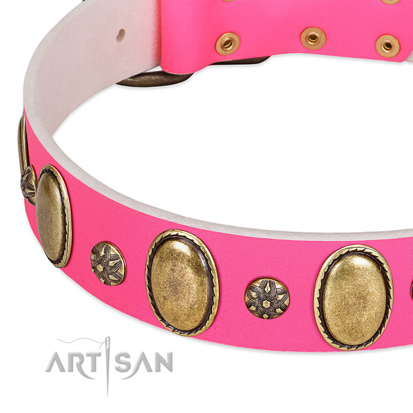 Strong genuine leather dog collar with rust resistant buckle