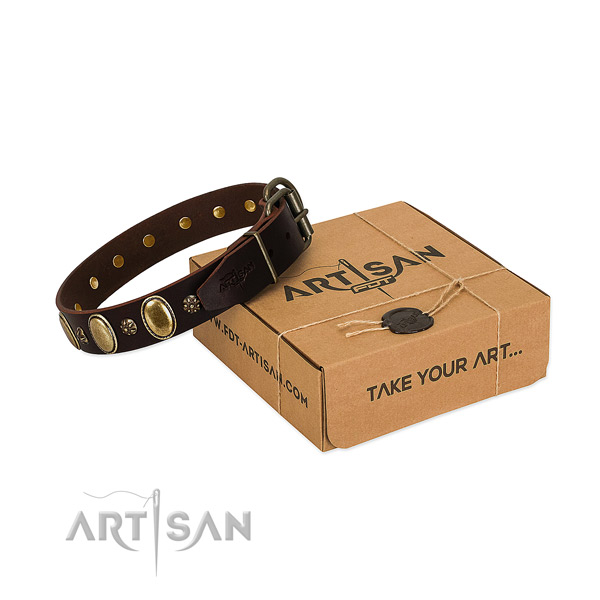 Comfortable wearing flexible genuine leather dog collar with embellishments