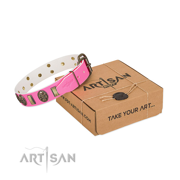 Strong traditional buckle on full grain natural leather dog collar for your four-legged friend