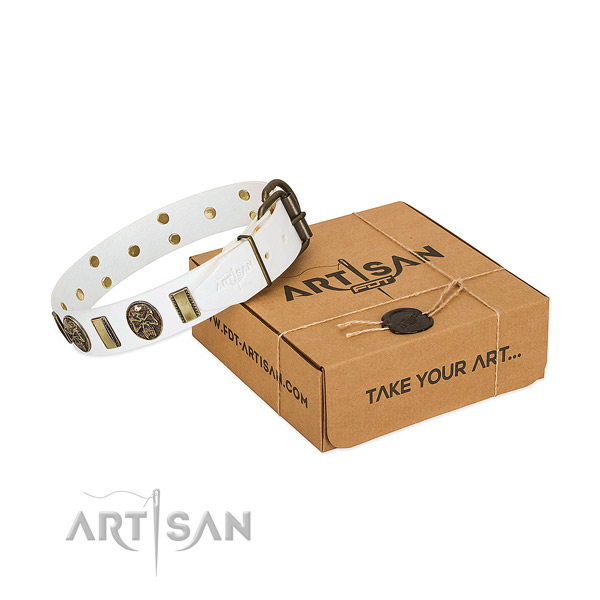 Strong fittings on full grain leather dog collar for handy use