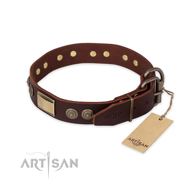 Corrosion resistant D-ring on full grain genuine leather collar for everyday walking your four-legged friend