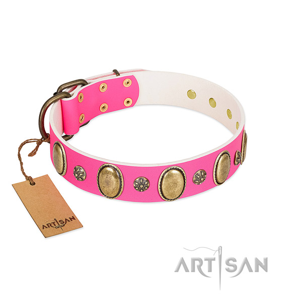 Flexible full grain natural leather dog collar with corrosion resistant traditional buckle