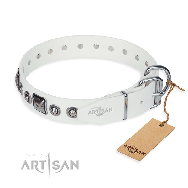 Durable natural genuine leather dog collar created for stylish walking