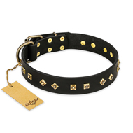 "Rhomb Style" FDT Artisan Decorated Leather Rottweiler Collar with Old Bronze-Plated Studs 1 1/2 inch (40 mm) Wide