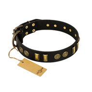 "Simple Elegance" FDT Artisan Black Leather Rottweiler Collar with Old Bronze-like Plates and Circles
