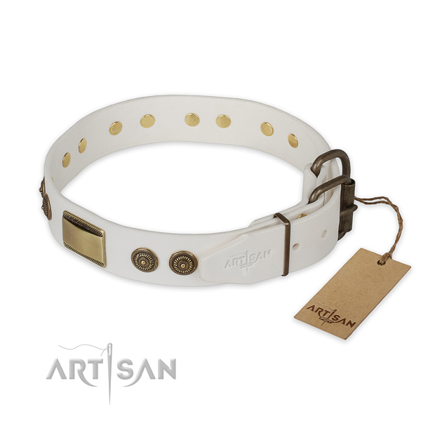 Corrosion resistant traditional buckle on natural genuine leather collar for stylish walking your canine