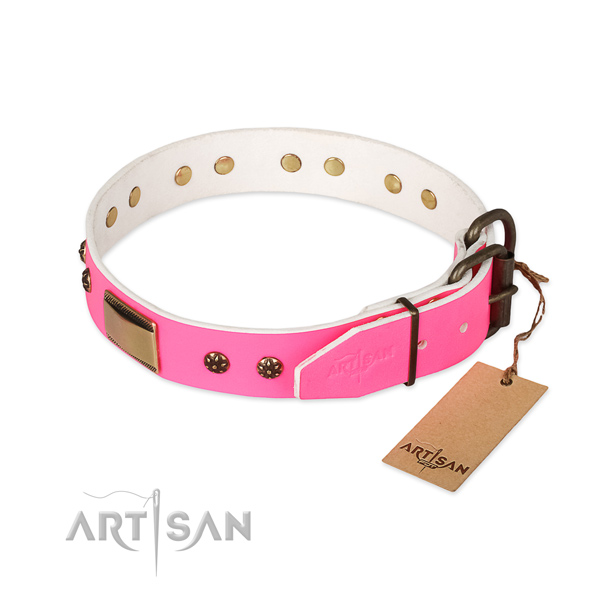 Corrosion resistant embellishments on full grain natural leather dog collar for your doggie